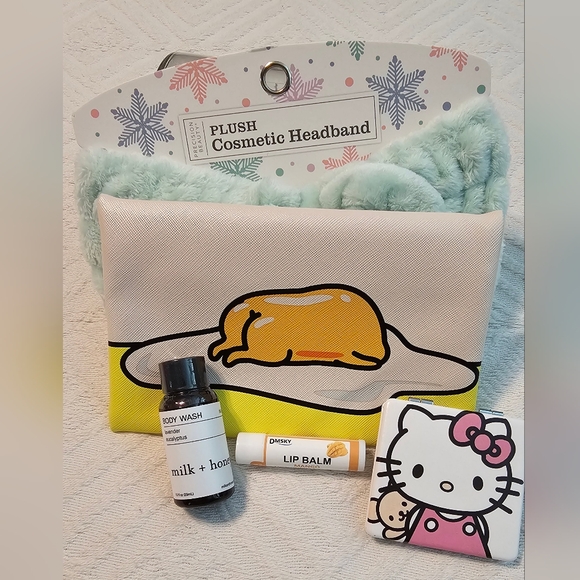 Sanrio Beauty Bundle Gudetama Makeup Bag Hello Kitty Mirror Headband & m… - Picture 2 of 4